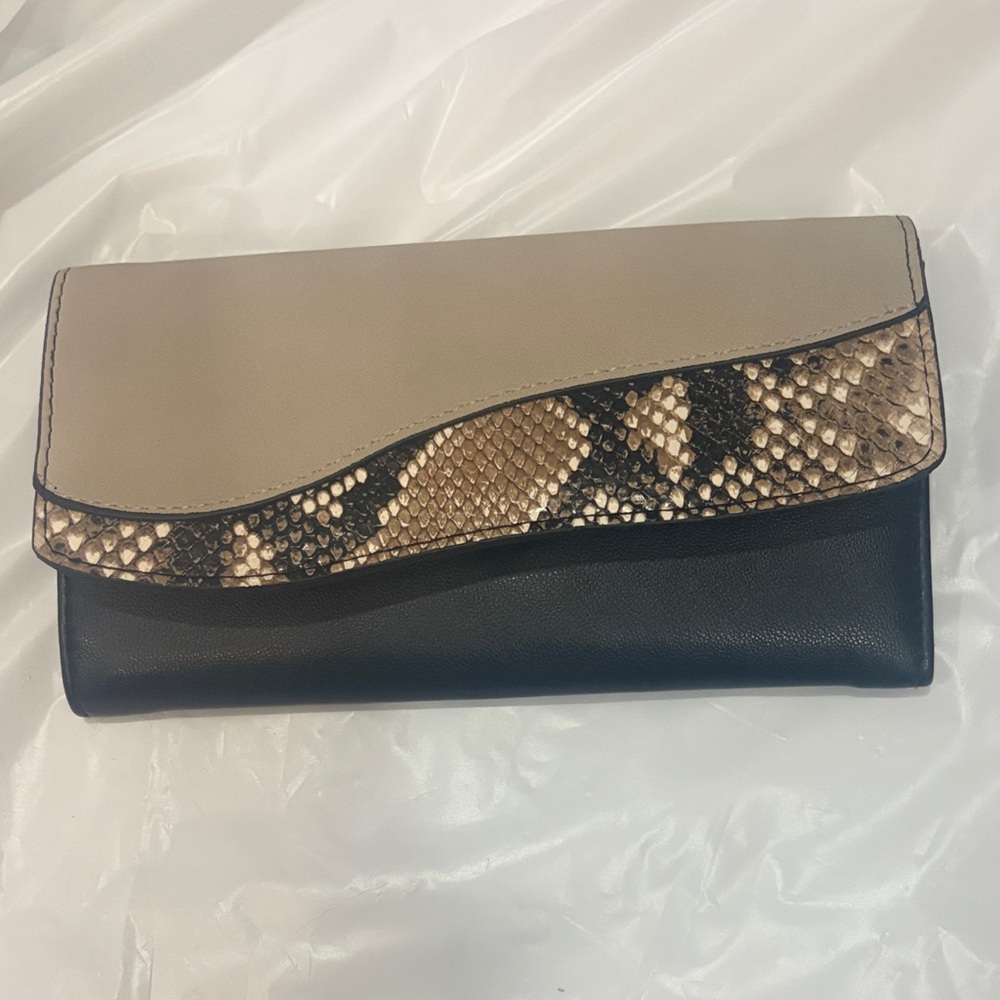 Neutral Tone Leather Clutch with Snake-Print Accent